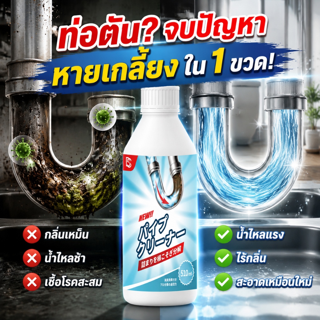 เทลงไป ปุ๊บ! ท่อโล่งทันที! 500ml น้ำยาทะลวงท่อ ละลายอาหาร ผม น้ำมัน กระดาษ ท่อตัน น้ำยาล้างท่อ