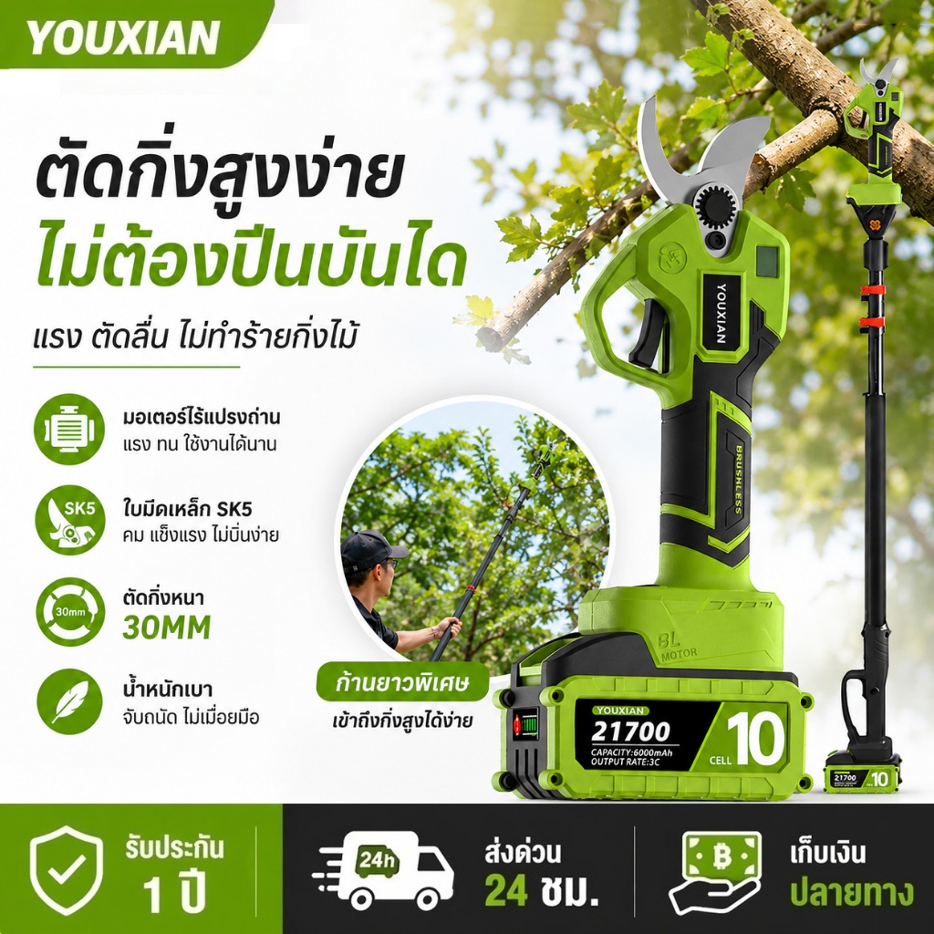 YOUXIAN กรรไกรตัดกิ่งไฟฟ้าไร้สาย 21V รุ่นมืออาชีพ ปรับได้ กรรไกรตัดพุ่มไม้ ตัดกิ่งไม้ ขนาดเล็ก-ใหญ่