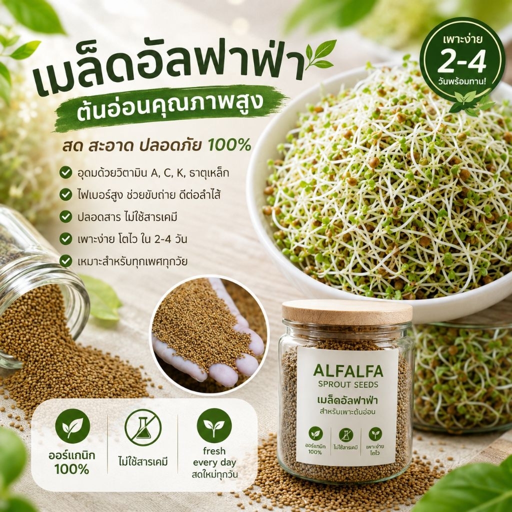 เมล็ดพันธุ์อัลฟาฟ่า 400 เมล็ด เพาะต้นอ่อนอัลฟาฟ่า