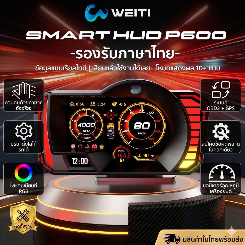 จอรถอัจฉริยะ P600 Data Hub OBD2+RGB เปลี่ยนโลโก้รถได้ รองรับรถไฮบริด EV เบนซิน