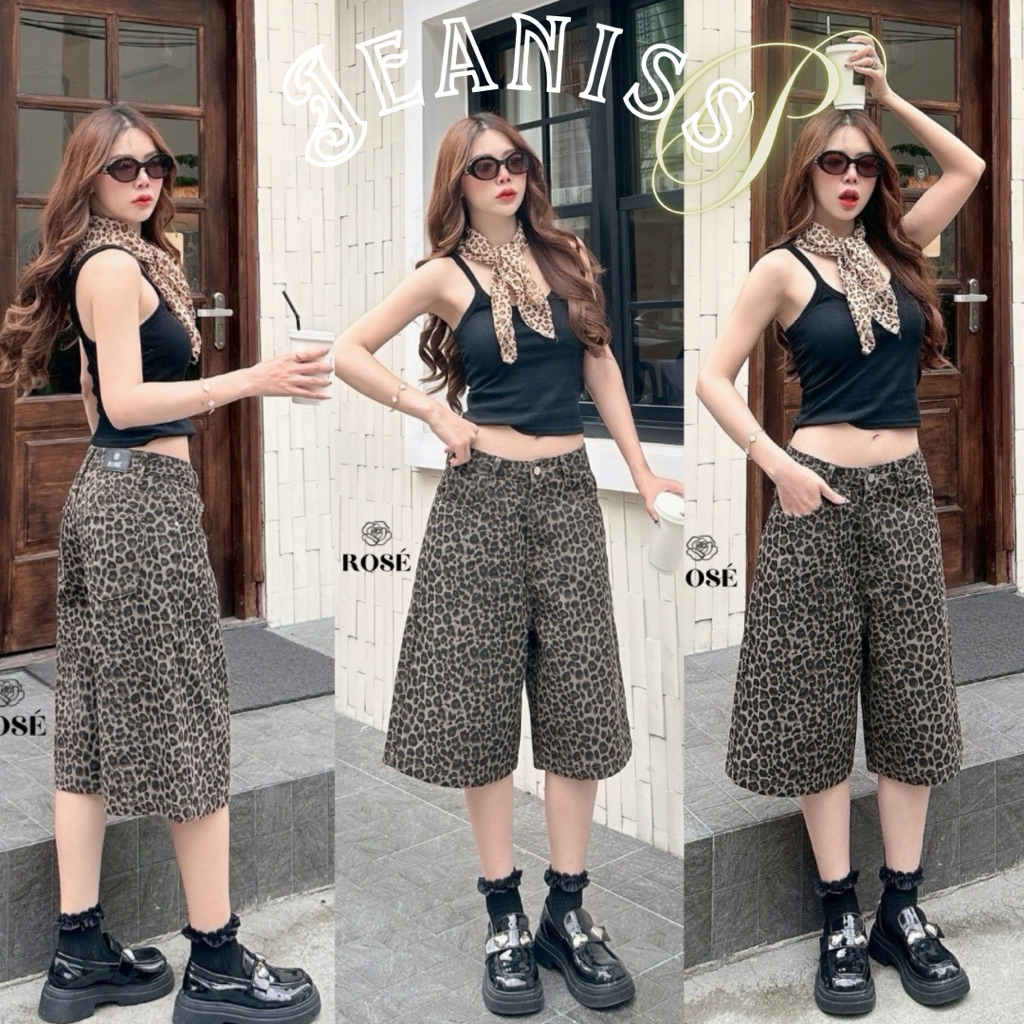 JEANISS.P♡ กางเกง Baggy Jort ลายเสือดาว โทนเข้ม ทรง 3 ส่วน ขากว้าง •ROSE 5018•