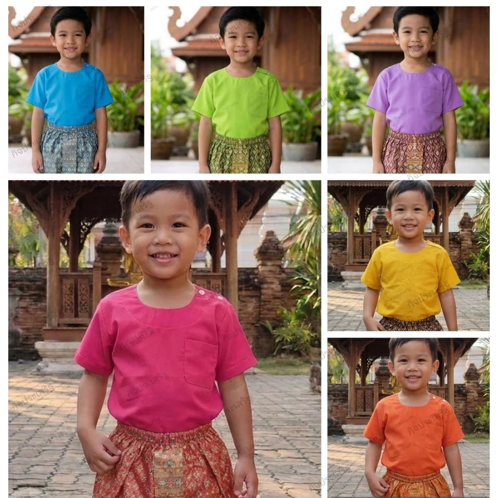 เสื้อผ้าไทยเด็กเนื้อคอตตอนไม่มัน ชุดไทยเด็กชายใส่ไปโรงเรียน