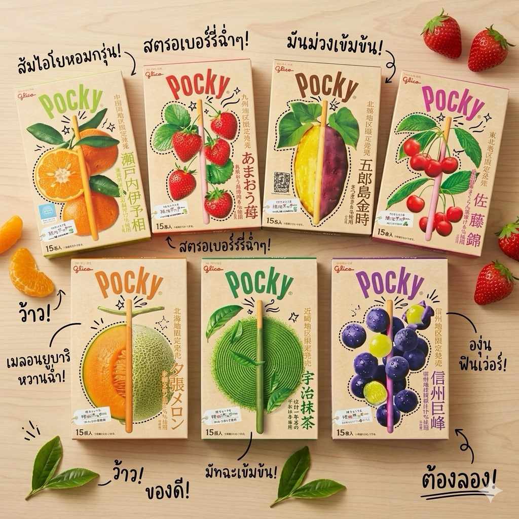 พร้อมส่งในไทย Pocky แท่งใหญ่สะใจ 1กล่องมี 18ชิ้น เหมาะแก่การเป็นของฝากมี4รสชาติ