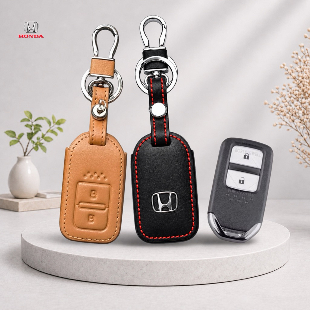 ซองหนังแท้ ใส่กุญแจรีโมทรถยนต์ HONDA HR-V,CR-V,BR-V,JAZZ,Cit/RS Smart Key 2 ปุ่ม โลโก้ H เงิน