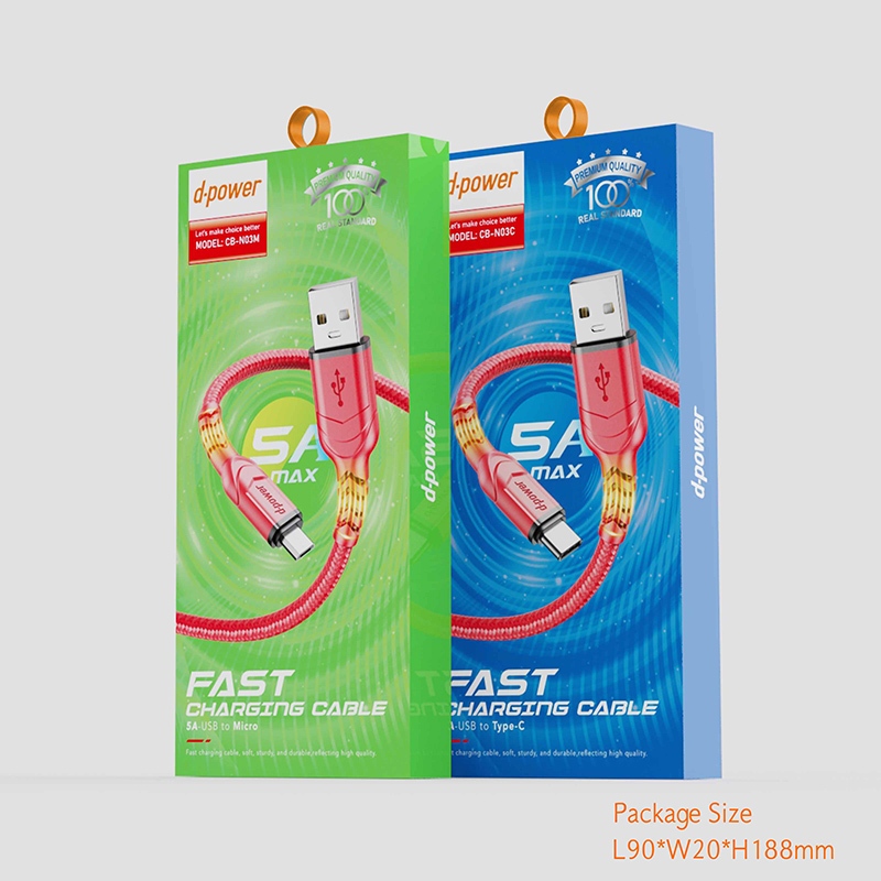 d-power สายชาร์จเร็ว 5A MAX รุ่น CB-N03 สายถักพรีเมียม ทนทาน หุ้มข้อต่อกันหัก 1M(Micro USB/Type-C)
