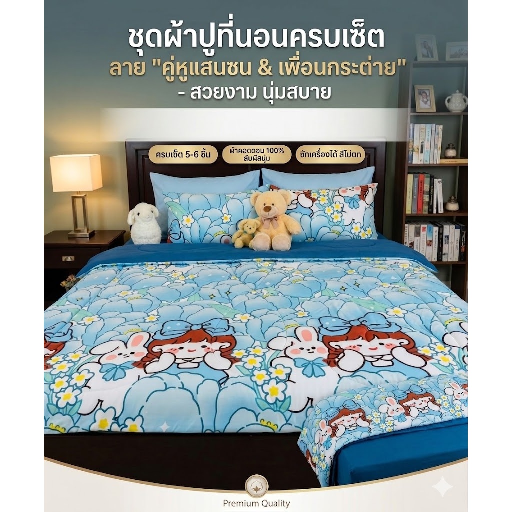 ชุดผ้าปู+ผ้านวม 6ชิ้น พิมพ์ลายการ์ตูน ห่มสบาย ผ้าปุมีสายรัด4มุม มุมสูง 8-10 นิ้ว 3.5ฟุต 5 ฟุต 6 ฟุต