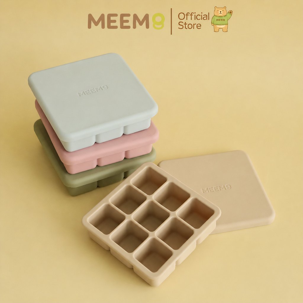 MEEM บล็อคซิลิโคน สำหรับแช่แข็งเก็บอาหารเด็ก บล็อคทำน้ำแข็ง พร้อมฝาปิด 9 ช่อง (Minimal series)