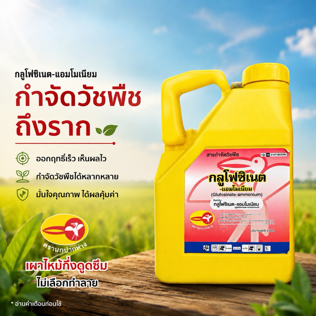 กลูโฟสิเนต 4 ลิตร(นกปากห่าง)(เหลือง)น้ำฟ้า 15% วัชพืชใบแคบใบกว้าง เช่น หญ้าปากควาย หญ้าตีนนก เป็นต้น