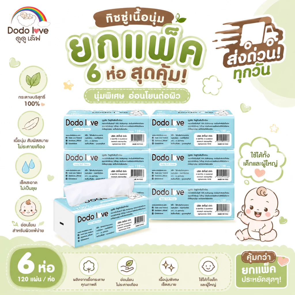 ส่งด่วน DoDolove แพ็ค 6 /12 ชิ้น Baby Cotton Soft Tissue ทิชชู่ สำหรับเด็กอ่อน หนานุ่ม 3 ชั้น เนื้อกระดาษบริสุทธิ์ 100%