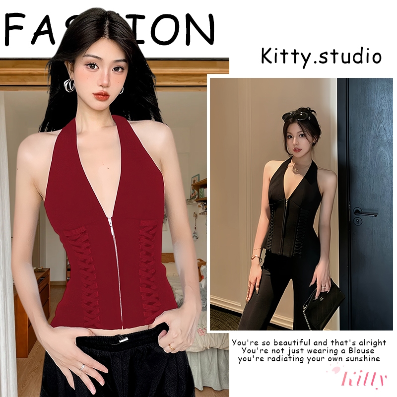 Kitty พร้อมส่ง✨ เสื้อครอปท็อปคอวีแขนไม่มีไฮเน็ก ซิปหน้าได้ สายคอผูกหลังดีไซน์ลูกไม้ รัดเอวสวยๆ สีแดงดำสุดฮิต ใส่ไปเที่ยว