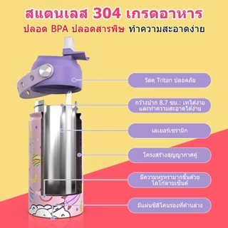 PASHLINC กระติกน้ำเด็ก 350ml กระบอกน้ำ/ขวดน้ำสแตนเลส 304 kids water bottle แบบหลอดดูด BPA Free
