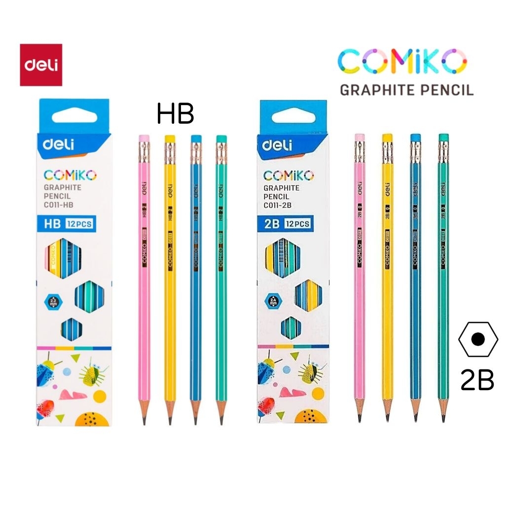 Deli ดินสอไม้ COMIKO ทรงหกเหลี่ยม ความเข้ม HB, 2B (C011) จำนวน 12 แท่ง เหลาพร้อมใช้ มียางลบปลายด้าม (ราคาต่อ 1 กล่อง)