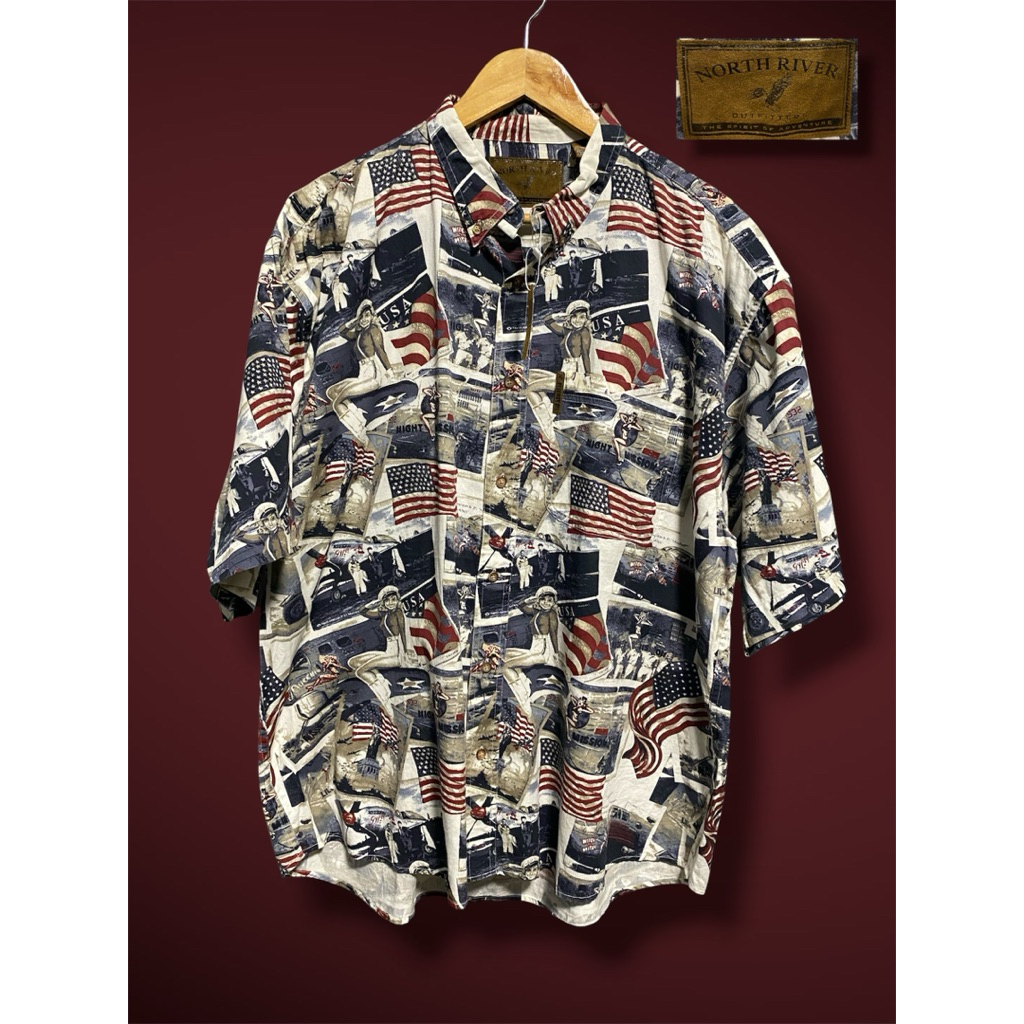 เสื้อเชิ้ตฮาวาย North River ลายเท่ๆ Size อก 54