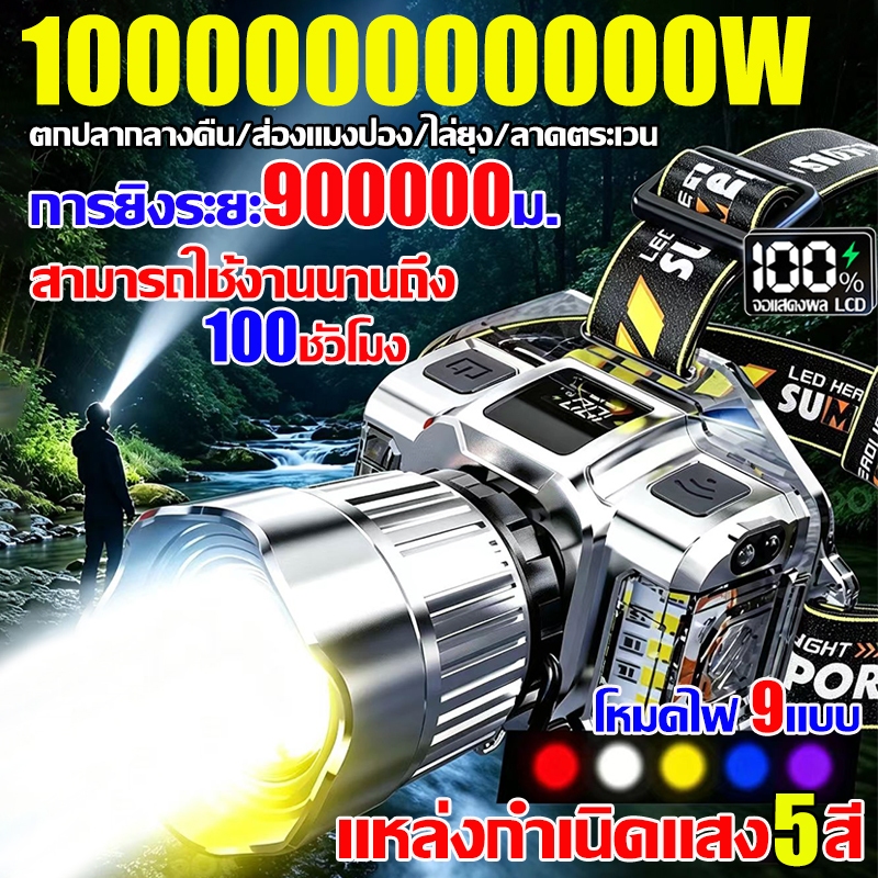 【ส่องแสงระยะ 1000000m】ไฟฉายคาดหัวแรงสูง แท้ 20000000W สปอตไลท์อันทรงพลัง โหมดไฟ 9แบบ ส่องแสงต่อเนื่อง100ชม.ไฟคาดหัว