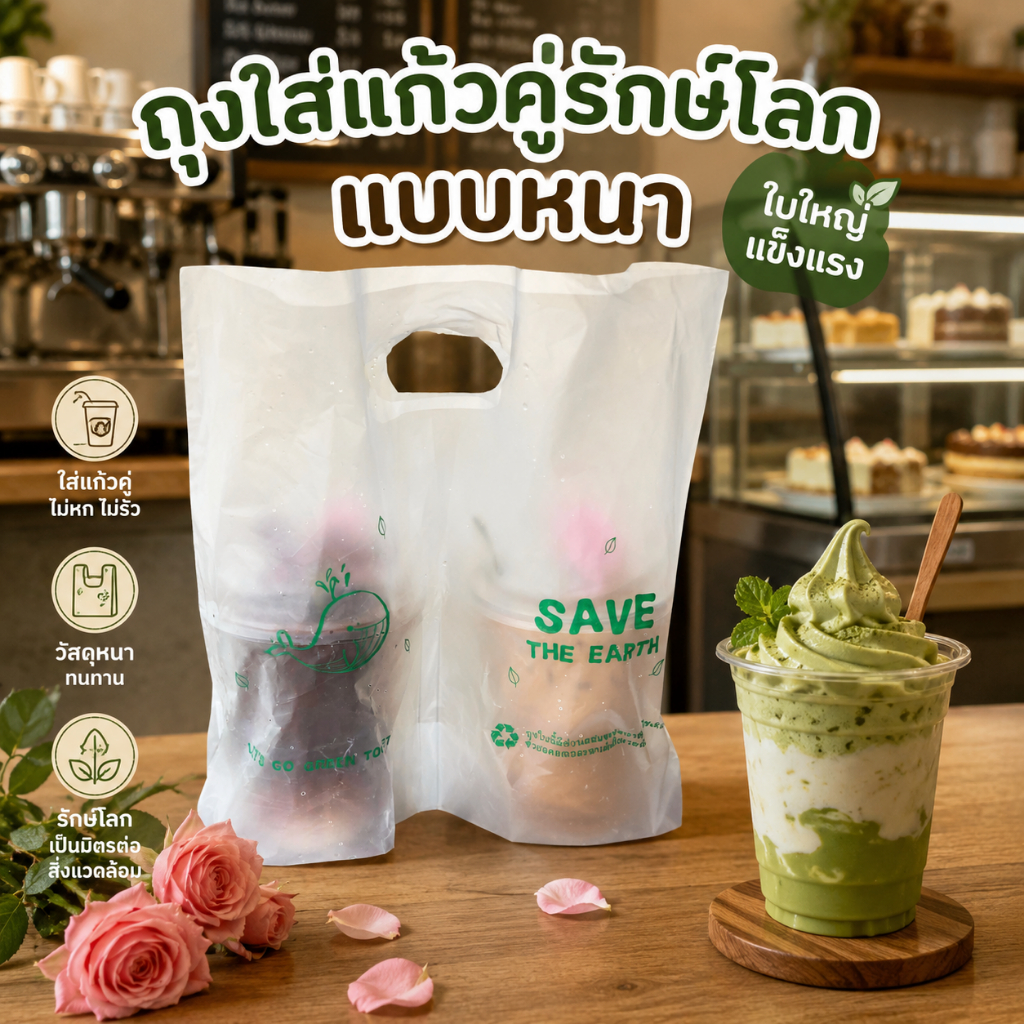 ถุงใส่แก้วน้ำ 2 ใบ ถุงใส่แก้วคู่แบบหนา ใส่ฝา 9.5, 9.8 ซม. ถุงหิ้วแก้วกาแฟรักษ์โลก ใส่แก้วกาแฟ 16-22 ออนซ์