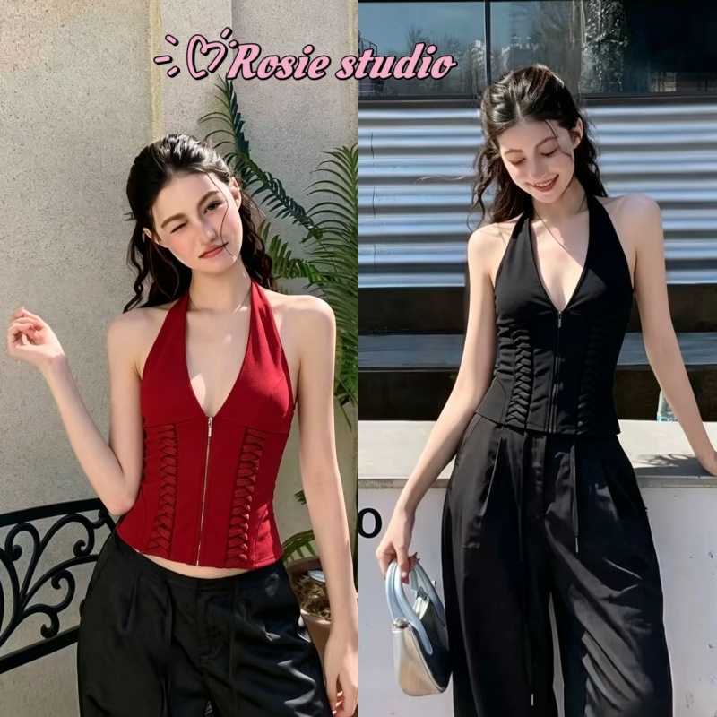 Rosie🎶พร้อมส่ง💘เสื้อสีแดงรุ่นJennie แบบฮัลเตอร์สายคล้องคอ โครงกระดูกปลารัดรูป มีซิปหน้า ใส่ไปคอนเสิร์ตได้สุดๆ