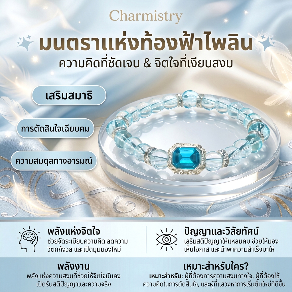 Charmistry-สร้อยข้อมือหินมงคลสีฟ้า ลูกปัดโทนน้ำทะเล จี้บลูแซฟไฟร์ (งานปัง เงินปัง โชคเข้าหา) มีกล่องของขวัญ