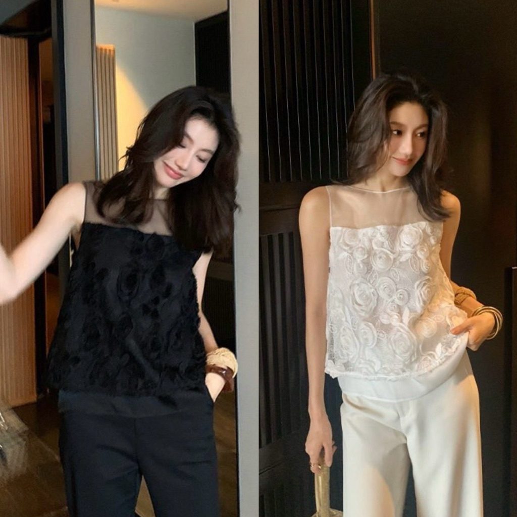 📍Pre📍9414 เสื้อแขนกุดคอกลม แต่งดอกนูน เนื้อผ้าดี งานสวย  TAG:WG.WE 🇰🇷
