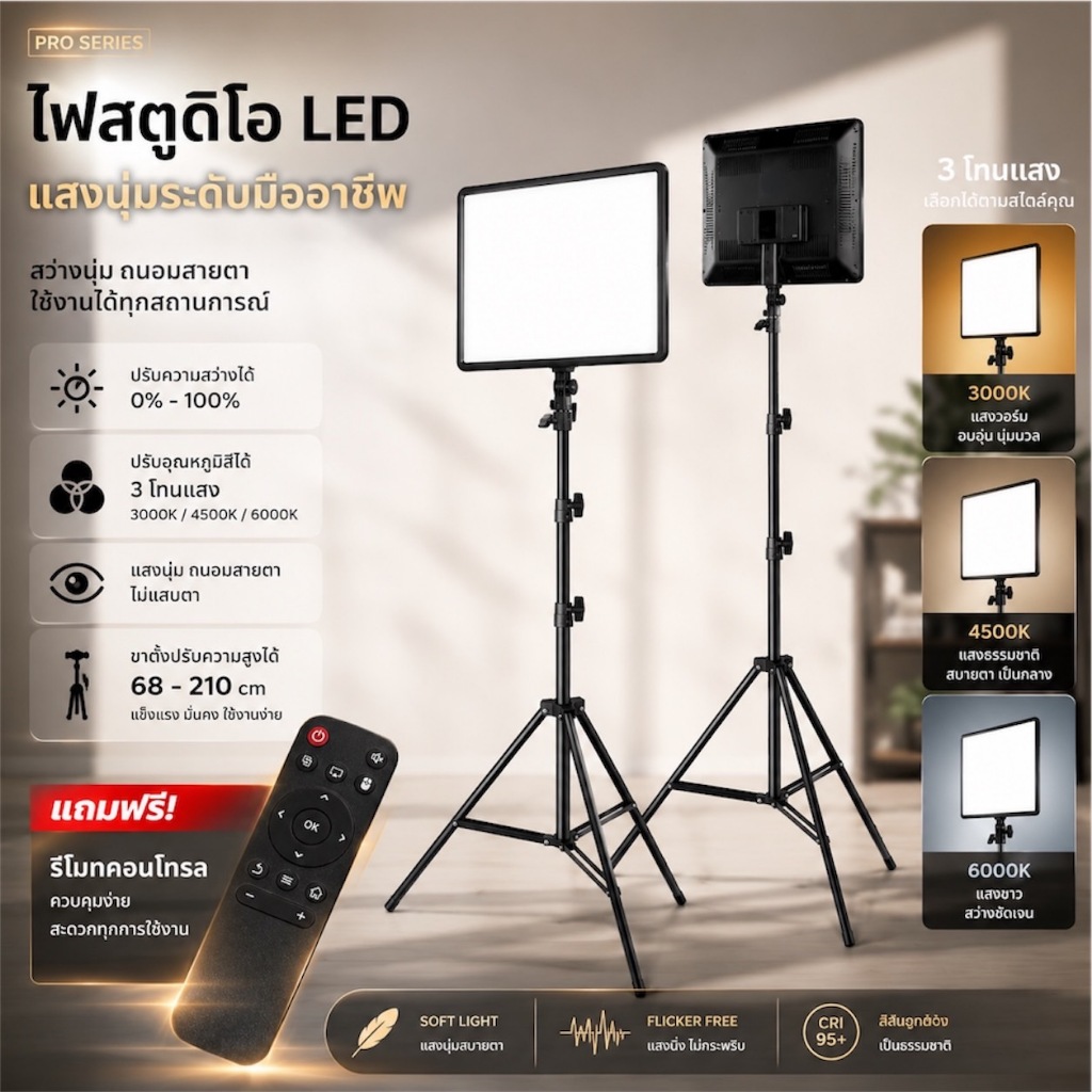 Photography Light ไฟสตูดิโอ ไฟไลฟ์สด ไฟถ่ายภาพ LEDพร้อมขาตั้ง 2เมตร มี3ไซส์ให้เลือก