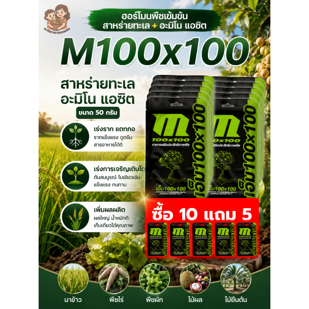 สาหร่ายทะเล เอ็ม100*100 ขนาด 50 กรัม ซื้อ10แถม5 กรดอะมิโน แอซิด ฮอร์โมนพืช เสริมราก แขนง ดอก และผล