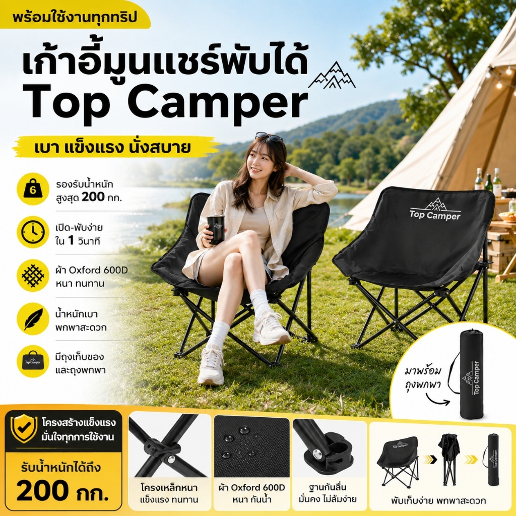 2026 Topcamper เก้าอี้แคมป์ปิ้ง พับได้ 1 วินาที เก้าอี้ดวงจันทร์ รองรับ 200 กก ฟรีถุงเก็บ