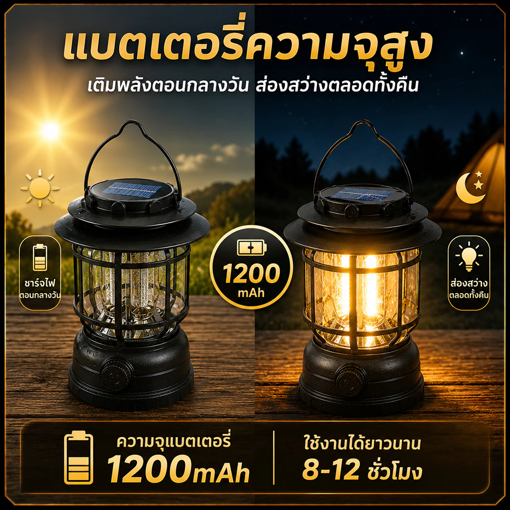 ไฟโซล่าเซลล์ ย้อนยุค ไฟตะเกียงแค้มปิ้ง แบบพกพา ชาร์จไฟได้ สําหรับตั้งแคมป์ เดินป่า Type-C ชาร์จ ปรับความสว่างเต็มรูปแบบ thumbnail 5
