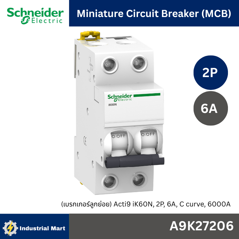 Schneider Electric A9K27206 Miniature circuit breaker, Acti9 iK60N, 2P, 6 A, C curve, 6000 A, 6kA