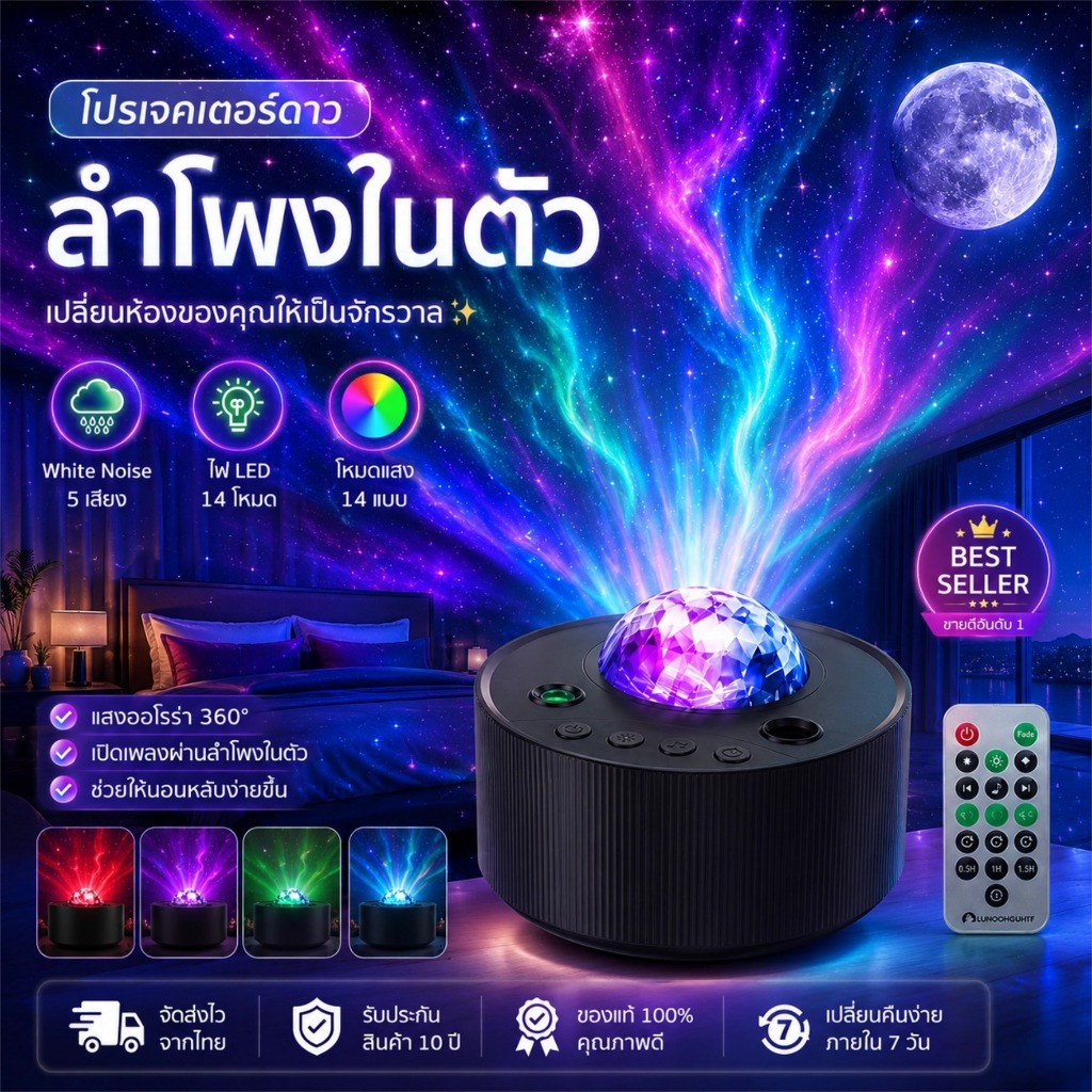 โปรเจคเตอร์กาแล็กซี่ ไฟออโรร่า Aurora Light Starry Sky โปรเจคเตอร์ ลำโพงบลูทูธ แต่งห้องเกม ห้องนอน