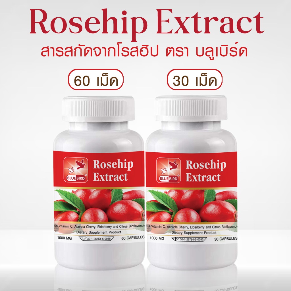 [1แถม1] สารสกัดจากโรสฮิป Rosehip Extract ตรา บลูเบิร์ด ขนาด 1000 มิลลิกรัม 60 แคปซูล