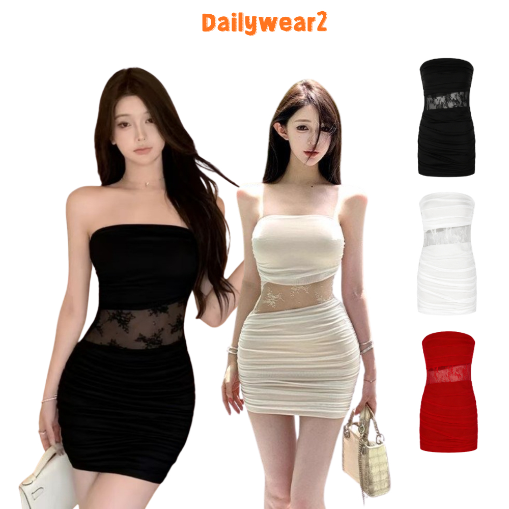 Dailywear พร้อมส่ง ✨เดรสฟิตผ้าลูกไม้จีบ แนวสตรีทสวย ทรงเอไลน์กระชับสะโพก เร้าใจ กระโปรงครอป เทศกาลช่วงฤดูใบไม้ผลิ