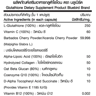กลูต้าไธโอน Glutathione ตรา บลูเบิร์ด ขนาด 600 มิลลิกรัม 60,30 แคปซูล
