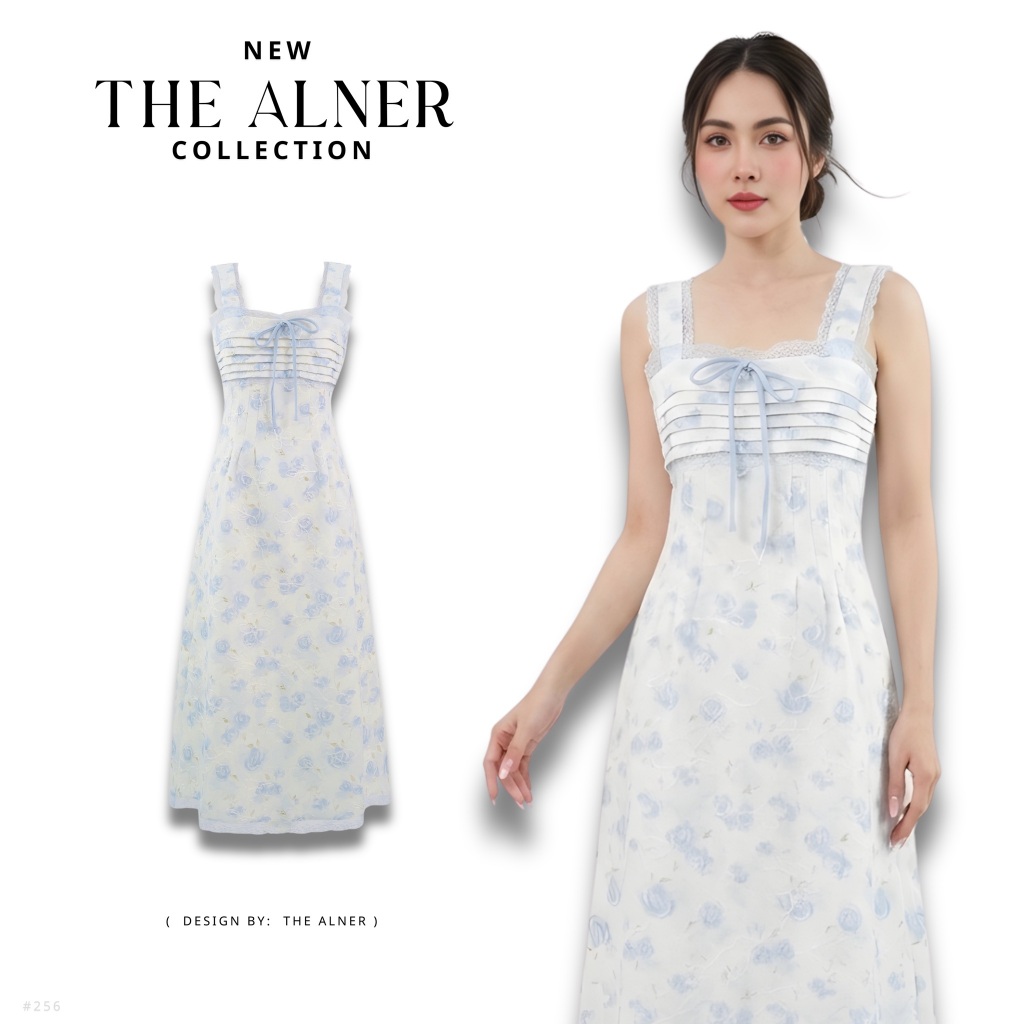Thealner-AN256 (เดรสขาวสายเดี่ยวลายดอกฟ้า)