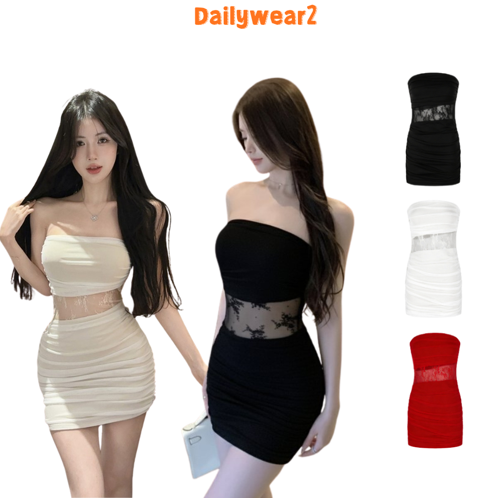 Dailywear พร้อมส่ง ✨เดรสเกาะอกสุดหวานและเซ็กซี่ ตกแต่งด้วยลูกไม้ ดีไซน์เอวสูง กระโปรงสั้นเข้ารูปช่วยให้ดูผอมเพรียว