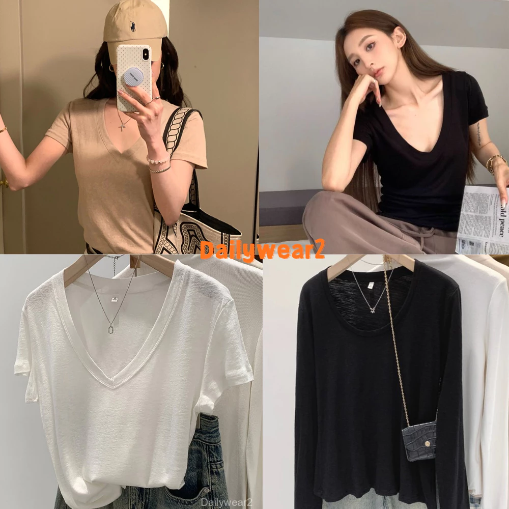 Dailywear พร้อมส่ง ✨เสื้อครอปแขนสั้นสีขาวทรงหลวมสบาย เหมาะสำหรับฤดูร้อน ดีไซน์คอวีเก๋ ช่วยให้ดูผอมเพรียว