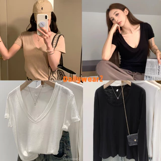 Dailywear พร้อมส่ง ✨เสื้อครอปแขนสั้นสีขาวทรงหลวมสบาย เหมาะสำหรับฤดูร้อน ดีไซน์คอวีเก๋ ช่วยให้ดูผอมเพรียว