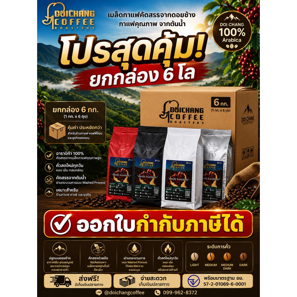 เมล็ดกาแฟคั่ว ดอยช้าง Aรวม  (โปรยกกล่อง 6โล)