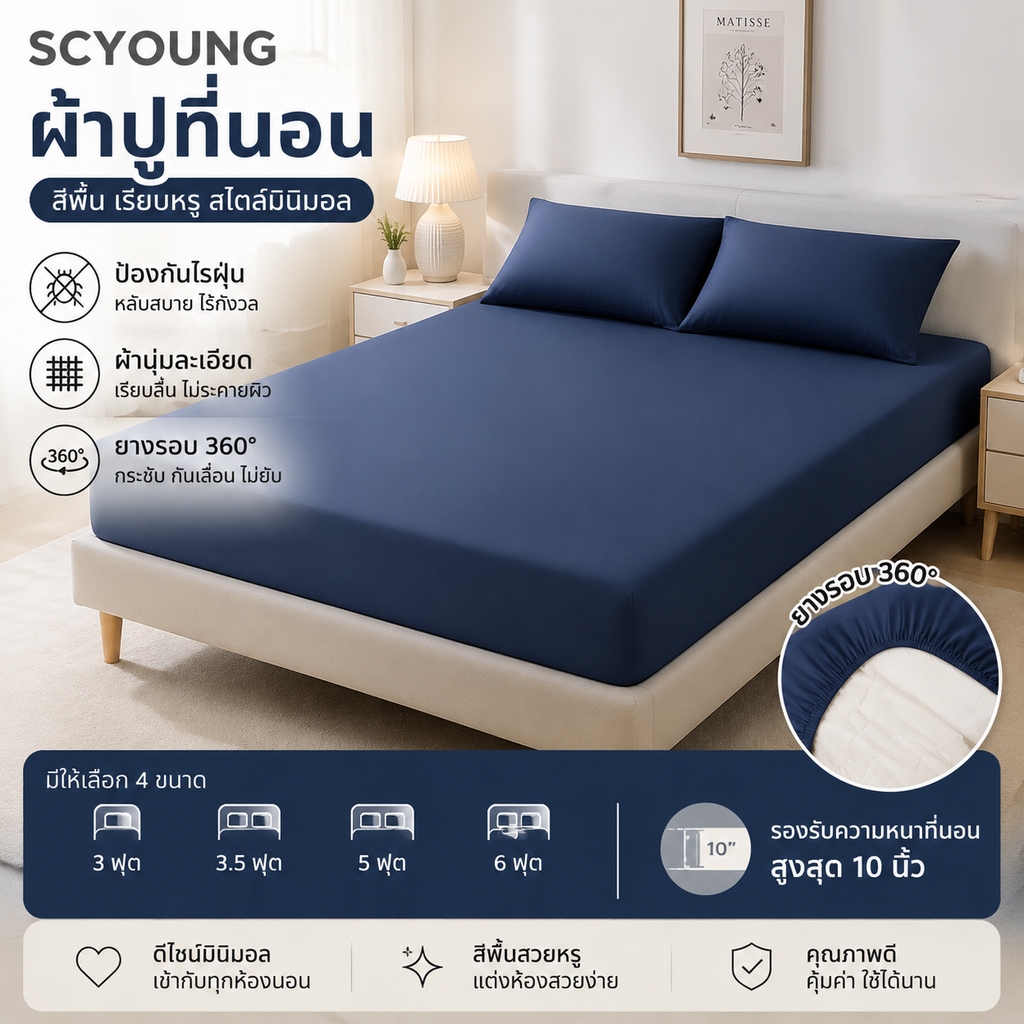 ผ้าปูที่นอนสีพื้น ผ้าปูที่นอน(พร้อมปลอกหมอน) ผ้าปูที่นอนกันไรฝุ่น มี3ฟุต/3.5ฟุต/5ฟุต/6ฟุต ⚡พร้อมส่ง