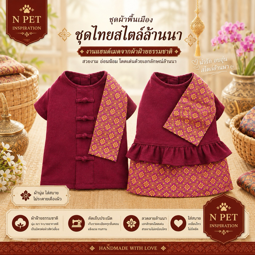 เสื้อผ้าสัตว์เลี้ยง ชุดไทยล้านนา ชุดไทยพาดบ่า