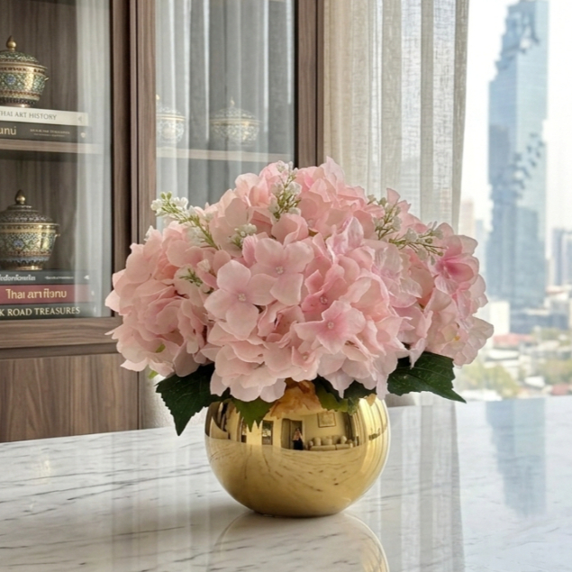 แจกันดอกไม้ประดิษฐ์ ไฮเดรนเยียพร้อมแจกันสีทอง Luxury home decor