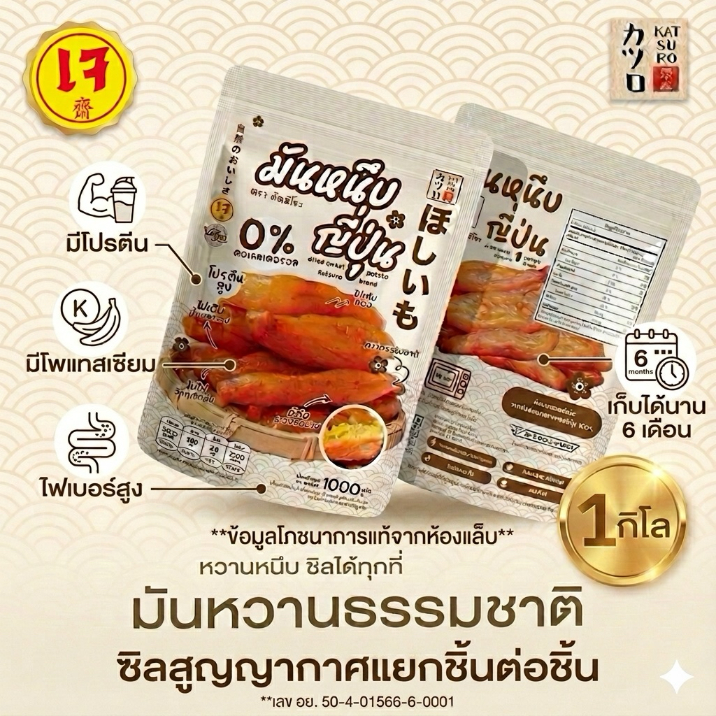 มันหนึบญี่ปุ่นตราคัตสึโระ [1 กิโล] 14-20ชิ้น ออริจินอลแท้ ไม่ผสมแป้ง จากมันหวานทั้งหัว