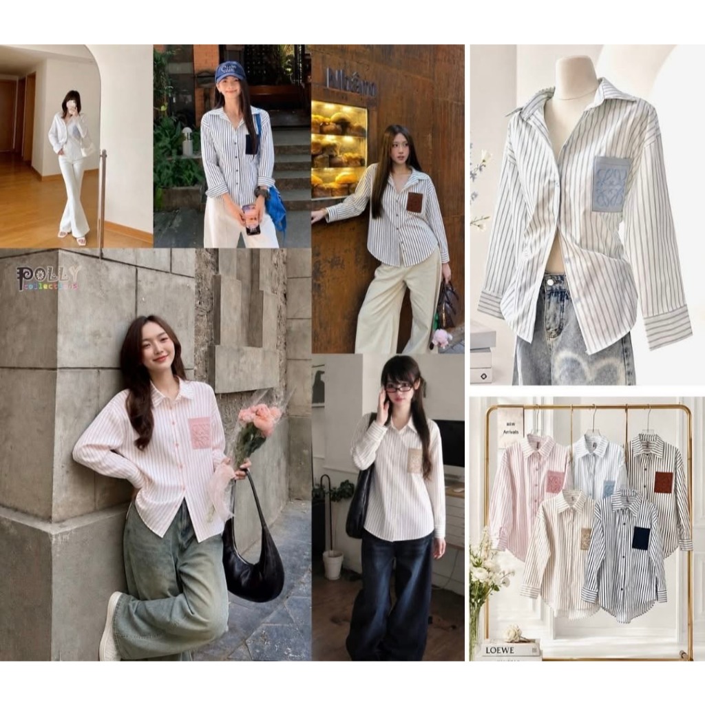 ป้าย Polly เสื้อปกเชิ้ตลายริ้วพื้นขาวแต่งกระเป๋าสี อก 42 นิ้ว ยาว 28 นิ้ว