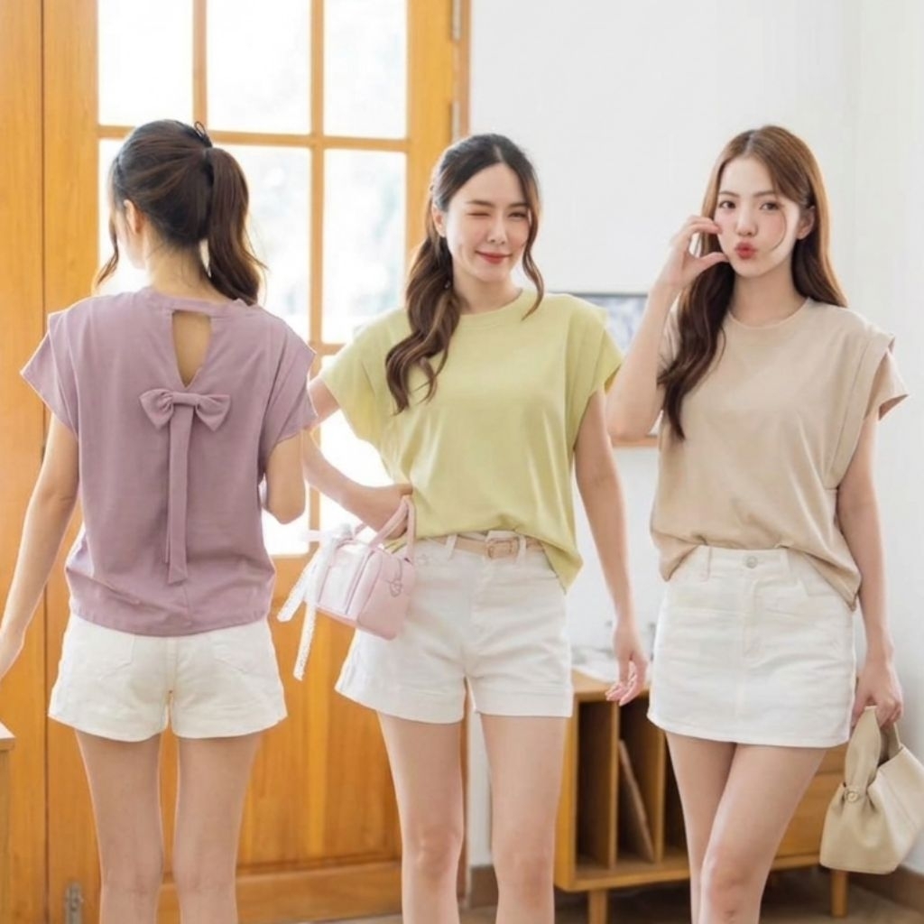 GI-ANTS  (อกหน้าผ้า 40") เสื้อยืดคอกลมไหล่ล้ำดีเทลแต่งโบว์หลัง