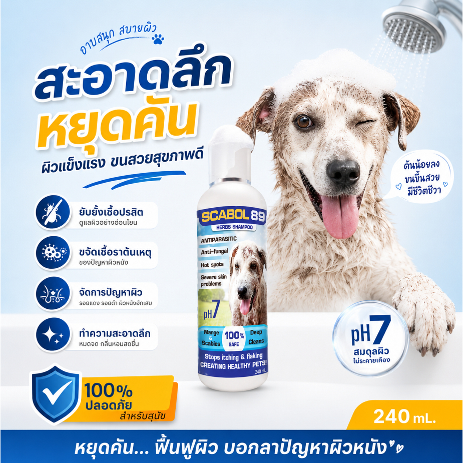 แชมพูสุนัข แก้คัน เชื้อรา ขนร่วง หยุดเกา Scabol 89 ลดกลิ่น ผิวแข็งแรง อ่อนโยน 240ml