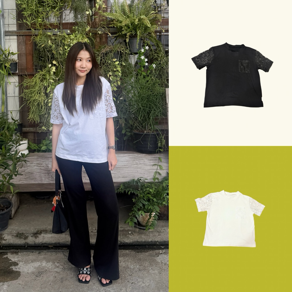 (ไม่ผลิตแล้ว)SUNTUDIO l Lace shirt เสื้อยืดแขนลูกไม้ มีกระเป๋าลูกไม้