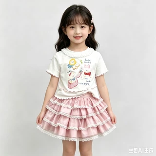 MC282 เซ็ตเสื้อยืดเด็กผู้หญิง + กระโปรงฟูฟ่อง ลูกไม้หวานๆ
