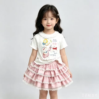 MC282 เซ็ตเสื้อยืดเด็กผู้หญิง + กระโปรงฟูฟ่อง ลูกไม้หวานๆ