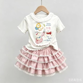 MC282 เซ็ตเสื้อยืดเด็กผู้หญิง + กระโปรงฟูฟ่อง ลูกไม้หวานๆ