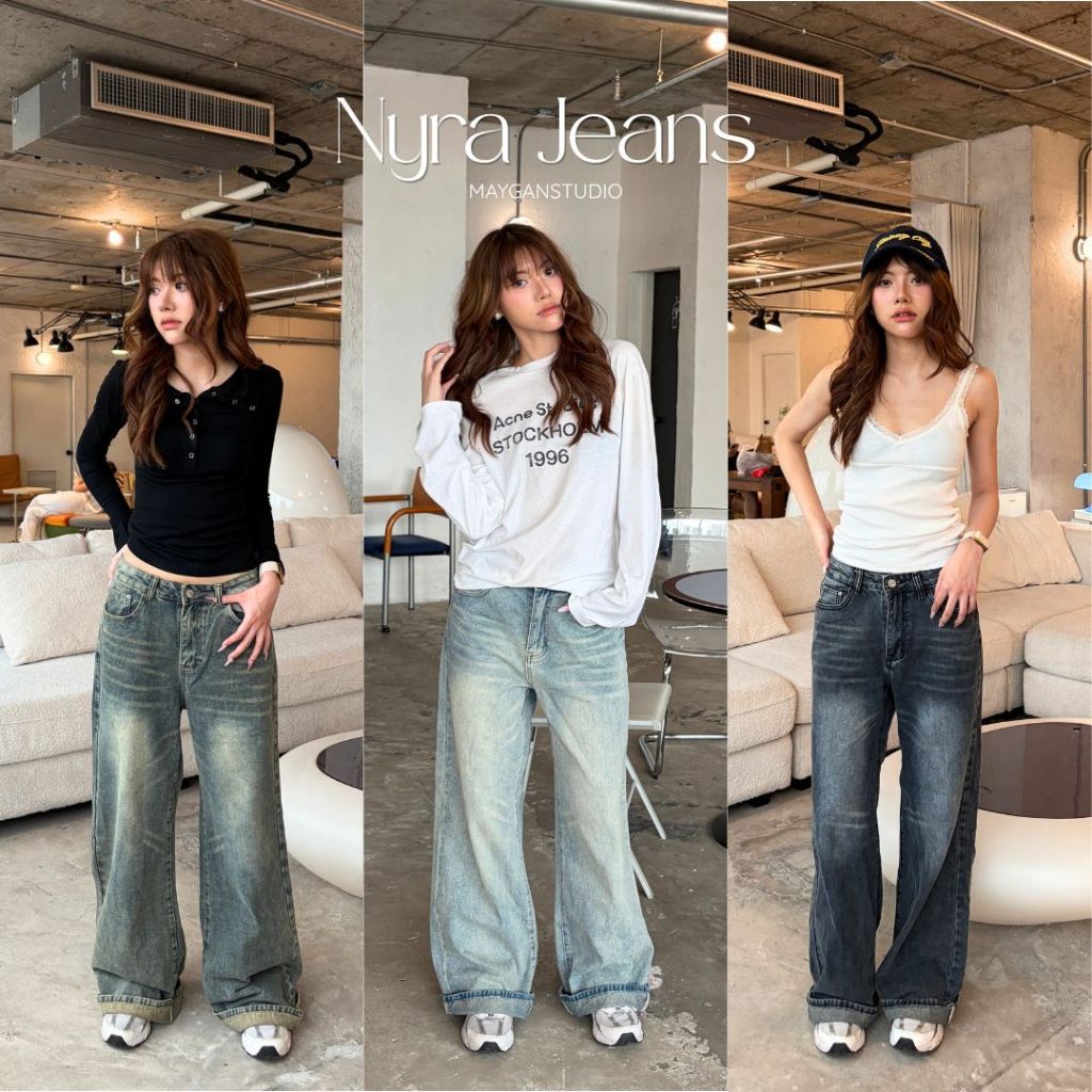 MAYGAN studio กางเกงยีนส์ขายาว เมแกน Nyra Jeans กระบอกใหญ่ เอวต่ำ เกาะสะโพกล่าง