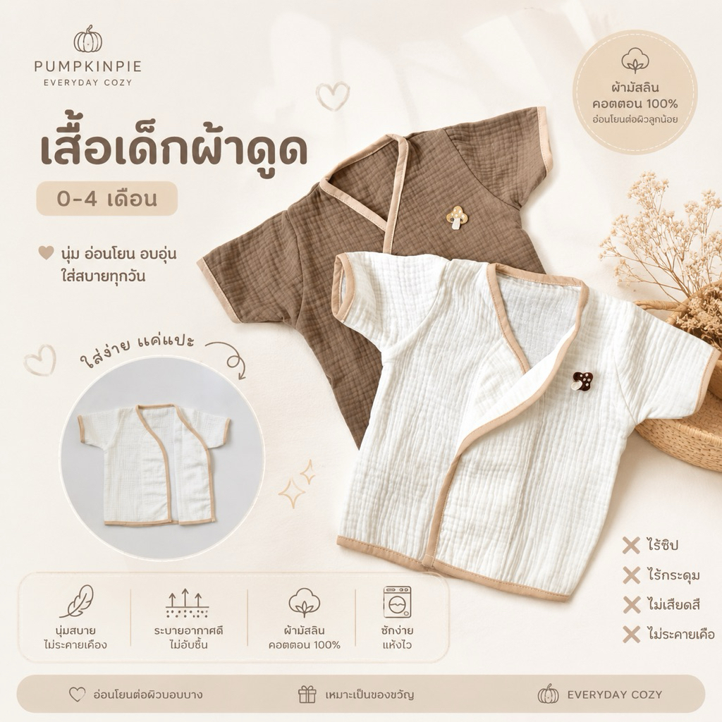 PUMPKIN เสื้อเด็กอ่อนผ้าดูด เสื้อผ้าแปะ ผ้ามัสลินทอย่น collection Little Mushroom