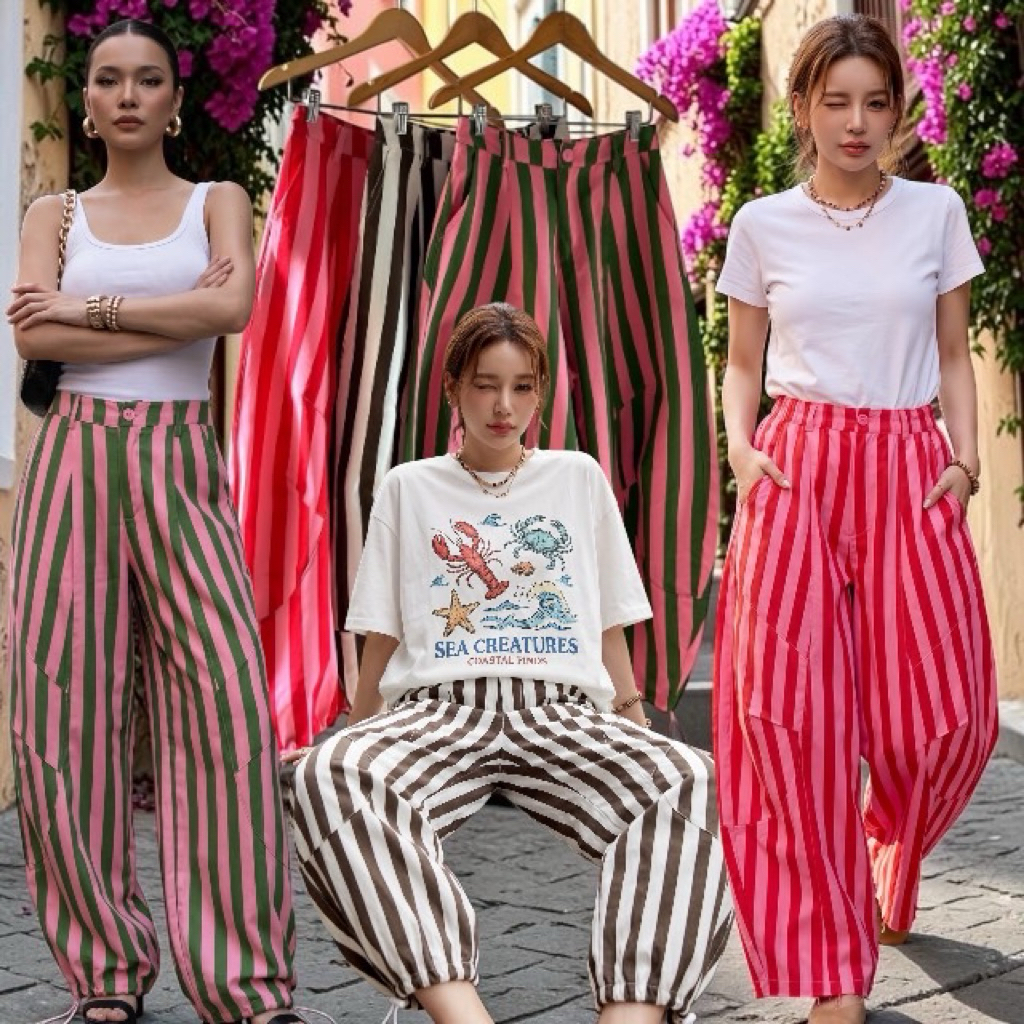 พร้อมส่ง !!!!‼️‼️‼️New Printed 📍 Stripe Balloon Pants ☁️🤎🎟️🎪🩰🚛(690฿) mo.studio ผ้าลินินเกาหลีอัดกาว 